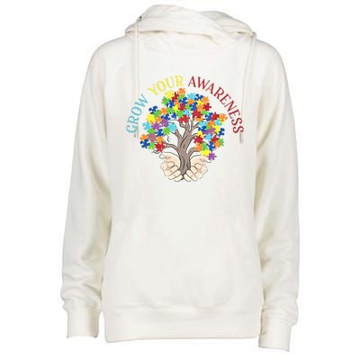 Grow Your Awareness Autism Puzzle Tree Meaningful Gift Womens Funnel Neck Pullover Hood