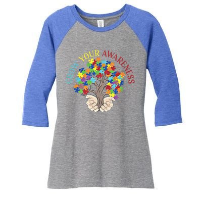 Grow Your Awareness Autism Puzzle Tree Meaningful Gift Women's Tri-Blend 3/4-Sleeve Raglan Shirt