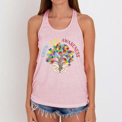 Grow Your Awareness Autism Puzzle Tree Meaningful Gift Women's Knotted Racerback Tank