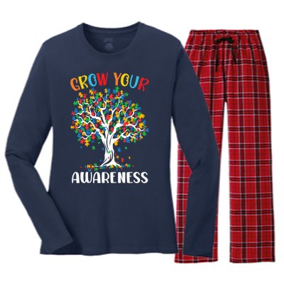 Grow Your Awareness Autism Tree Puzzle Gift Women's Long Sleeve Flannel Pajama Set 