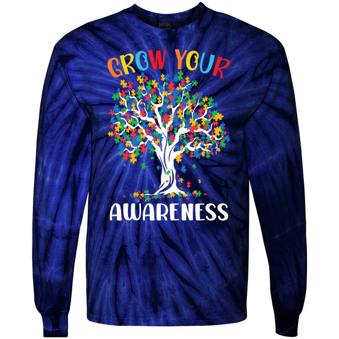 Grow Your Awareness Autism Tree Puzzle Gift Tie-Dye Long Sleeve Shirt