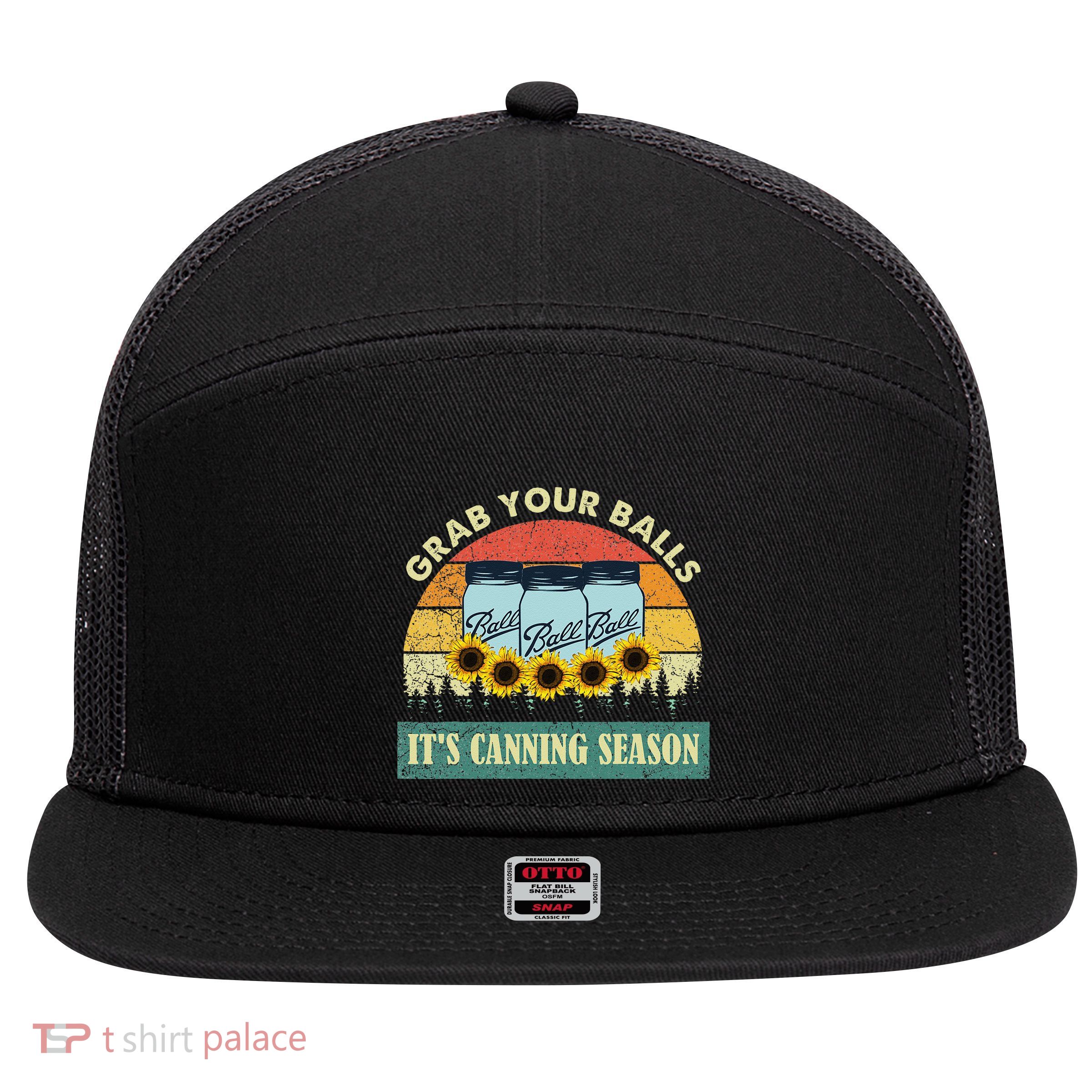 Grab Your Balls Its Canning Season Sunflower Vintage 7 Panel Mesh Trucker Snapback Hat