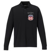 Get Your Kicks Route 66 Distressed 60S Performance Long Sleeve Polo