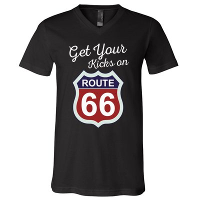 Get Your Kicks Route 66 Distressed 60S V-Neck T-Shirt