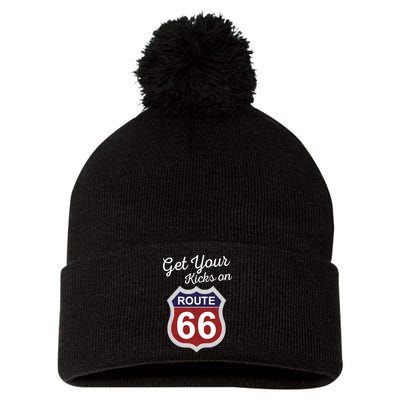 Get Your Kicks Route 66 Distressed 60's Pom Pom 12in Knit Beanie