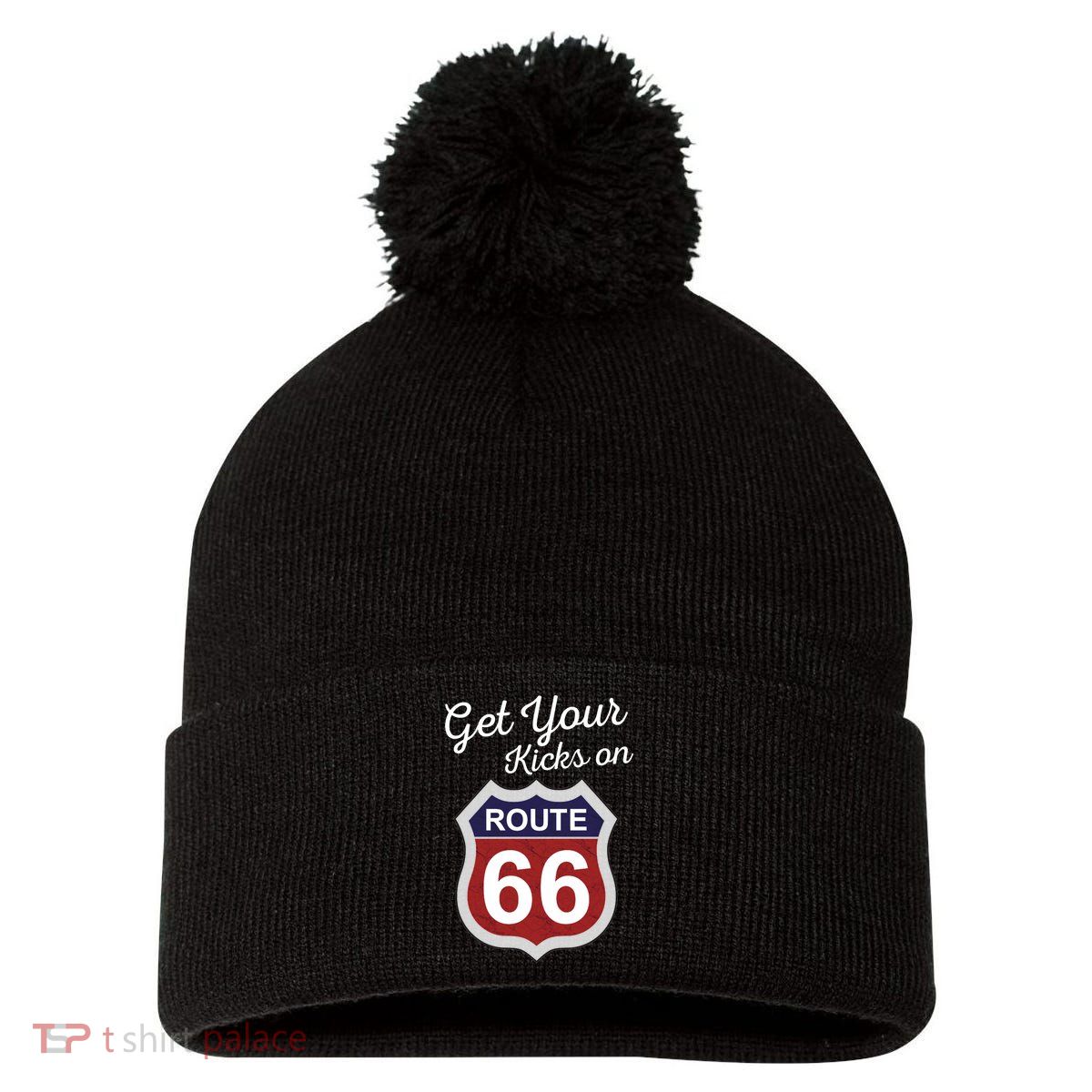 Get Your Kicks Route 66 Distressed 60's Pom Pom 12in Knit Beanie