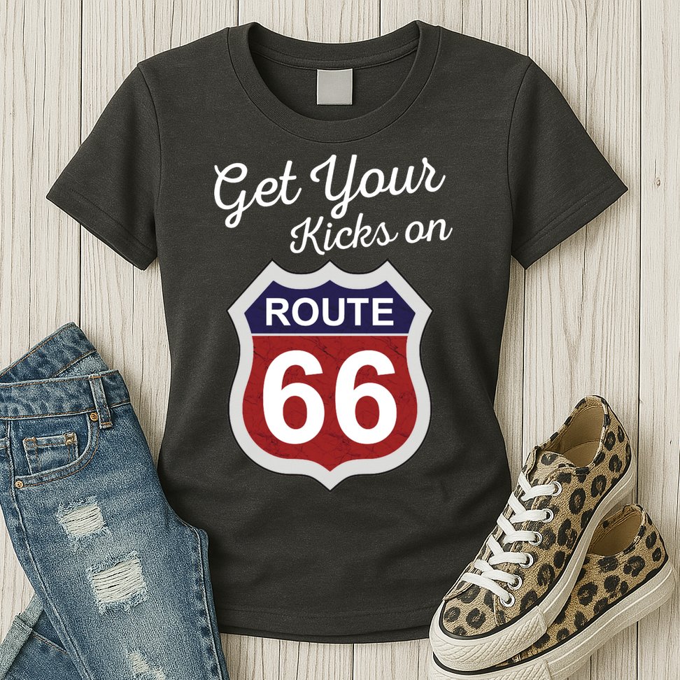Get Your Kicks Route 66 Distressed 60's Womens T-Shirt
