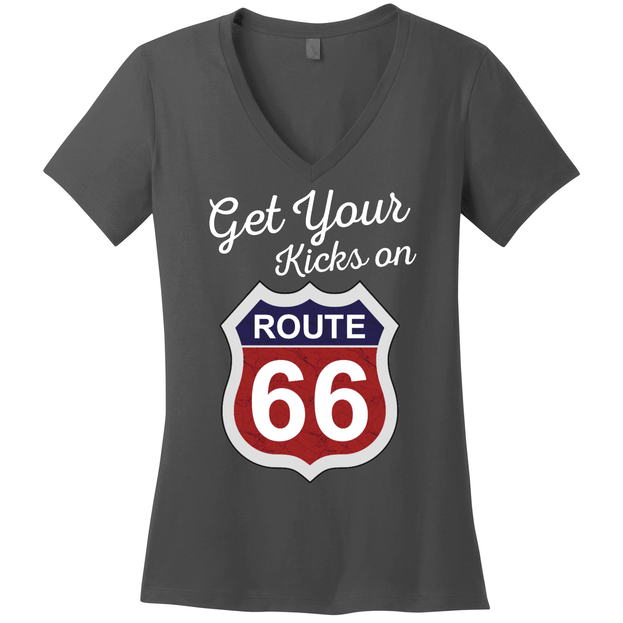 Get Your Kicks Route 66 Distressed 60's Women's V-Neck T-Shirt