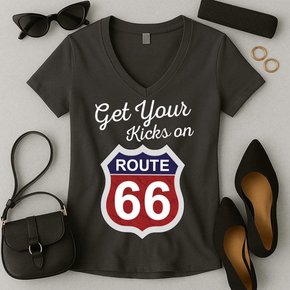 Get Your Kicks Route 66 Distressed 60's Women's V-Neck T-Shirt