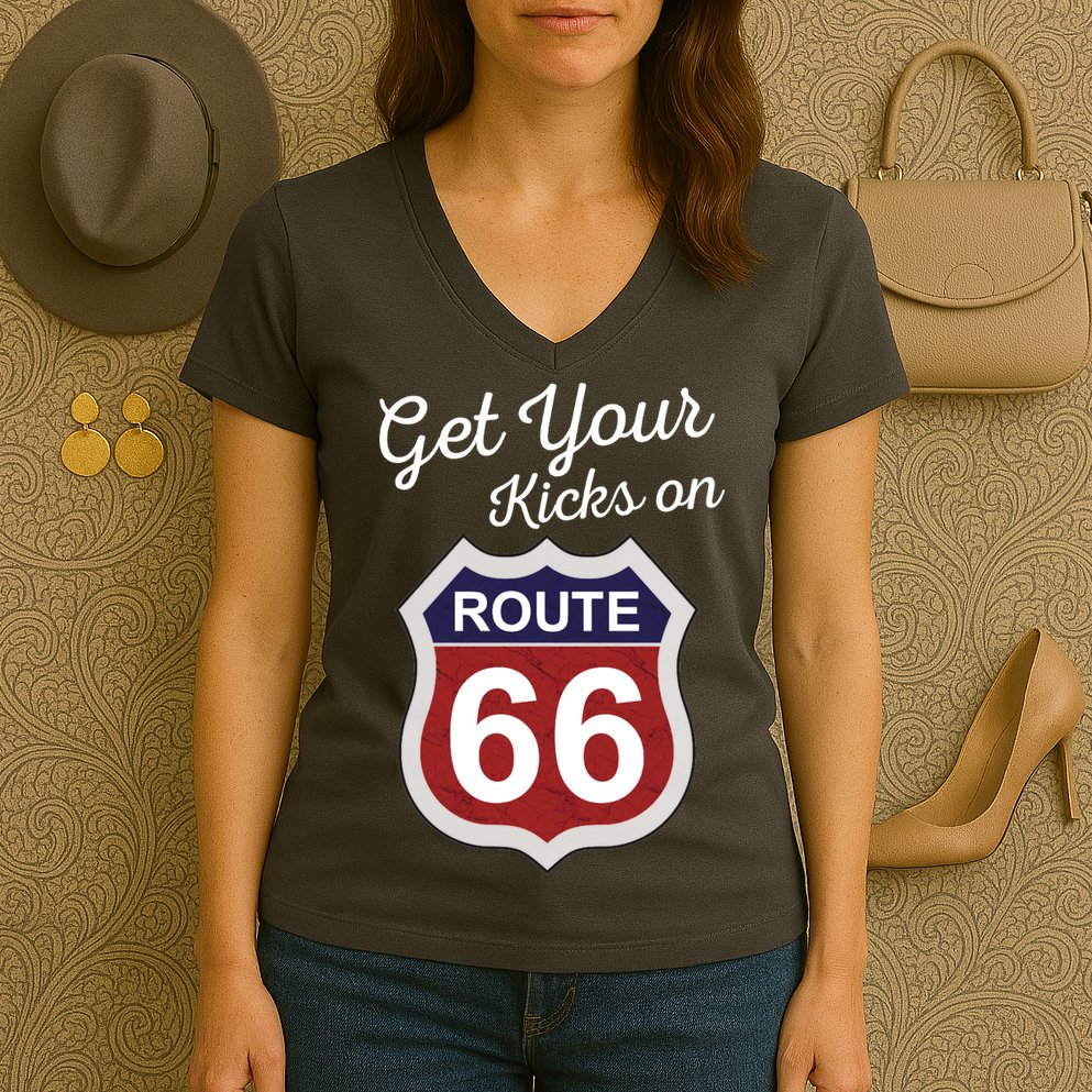 Get Your Kicks Route 66 Distressed 60's Women's V-Neck T-Shirt