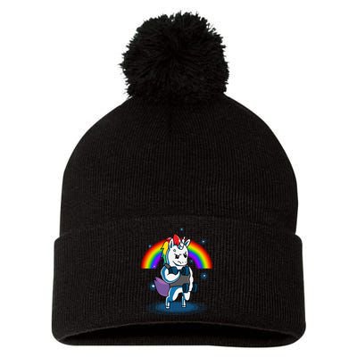 Gym Unicorn Weightlifting Pom Pom 12in Knit Beanie