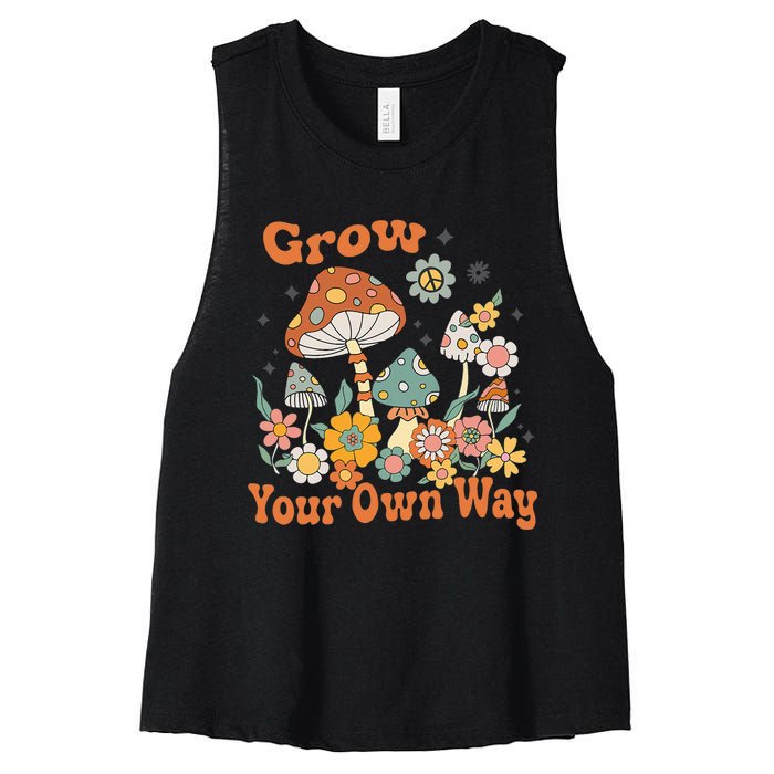 Grow Your Own Way Groovy Mushroom Hippie Flower Women's Racerback Cropped Tank