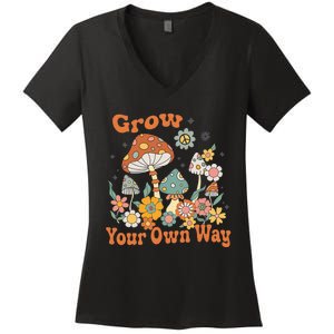 Grow Your Own Way Groovy Mushroom Hippie Flower Women's V-Neck T-Shirt