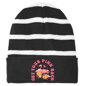 Get Your Pink Back Funny Flamingo Striped Beanie with Solid Band