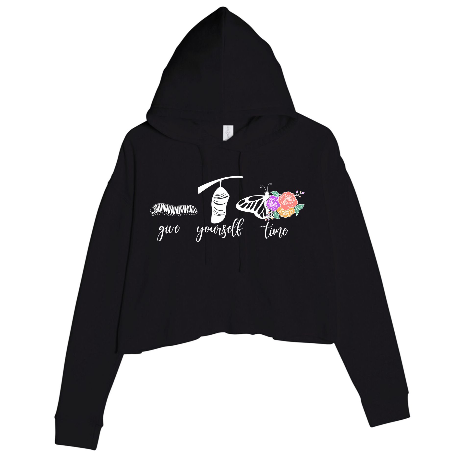 Give Yourself Time Mental Health Awareness Butterfly Life Cycle Crop Fleece Hoodie