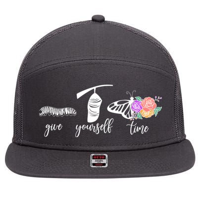 Give Yourself Time Mental Health Awareness Butterfly Life Cycle 7 Panel Mesh Trucker Snapback Hat