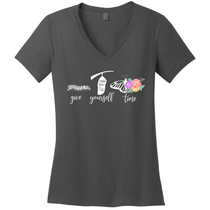 Give Yourself Time Mental Health Awareness Butterfly Life Cycle Women's V-Neck T-Shirt