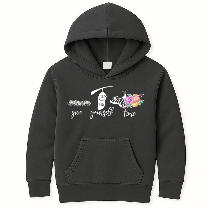 Give Yourself Time Mental Health Awareness Butterfly Life Cycle Kids Hoodie