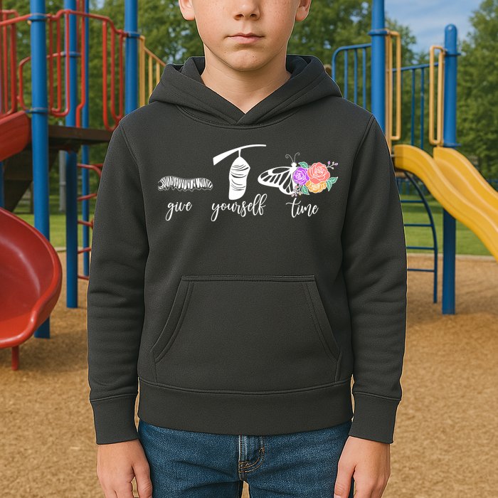 Give Yourself Time Mental Health Awareness Butterfly Life Cycle Kids Hoodie