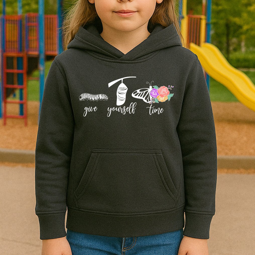 Give Yourself Time Mental Health Awareness Butterfly Life Cycle Kids Hoodie