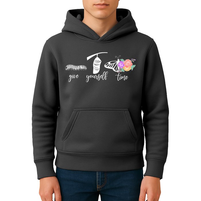 Give Yourself Time Mental Health Awareness Butterfly Life Cycle Kids Hoodie