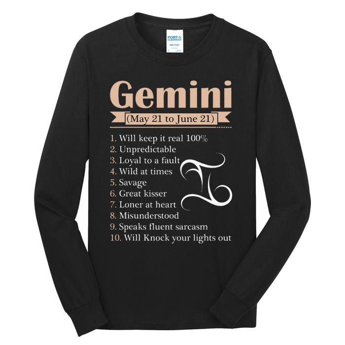 Gemini Zodiac Sign Astrology May June Birthday Tall Long Sleeve T-Shirt