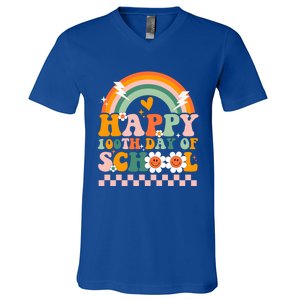 Happy 100 Days Of School Teacher Retro Groovy 100th Day Gift V-Neck T-Shirt