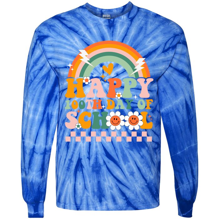 Happy 100 Days Of School Teacher Retro Groovy 100th Day Gift Tie-Dye Long Sleeve Shirt