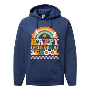 Happy 100 Days Of School Teacher Retro Groovy 100th Day Gift Performance Fleece Hoodie