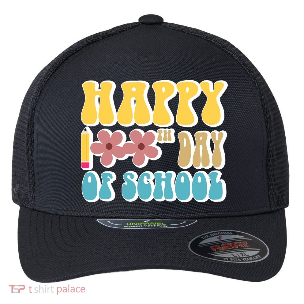 Happy 100th Day Of School Cute Retro Flower Flexfit Unipanel Trucker Cap