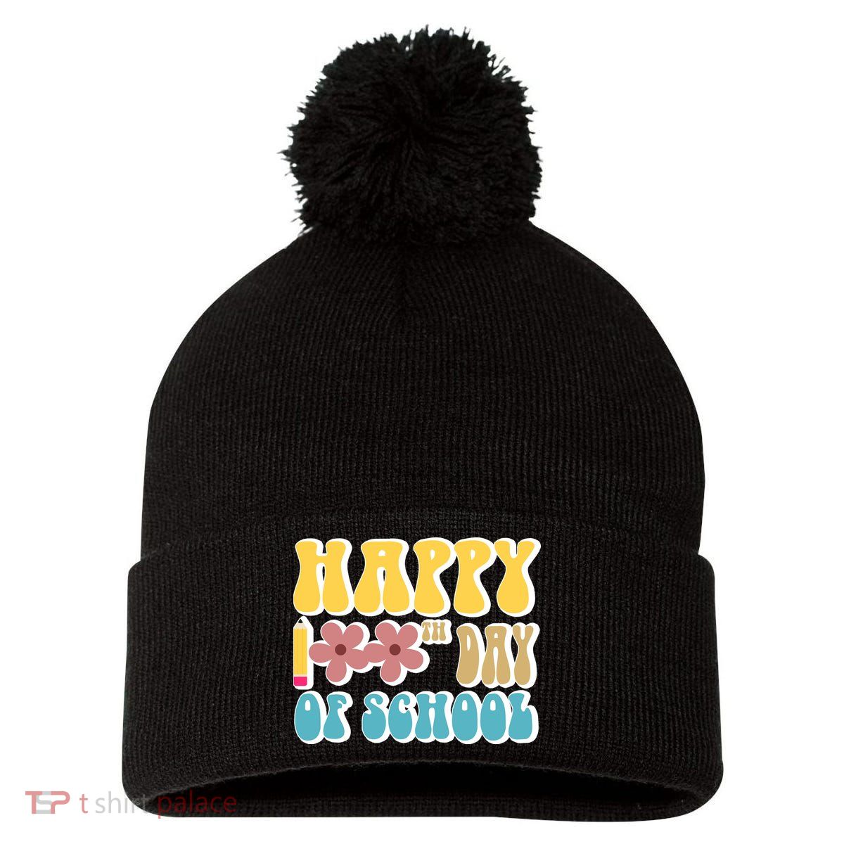 Happy 100th Day Of School Cute Retro Flower Pom Pom 12in Knit Beanie