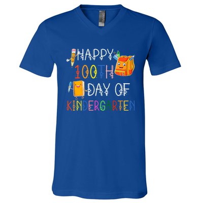 Happy 100th Day Of Kindergarten Funny 100 Days Of School Meaningful Gift V-Neck T-Shirt