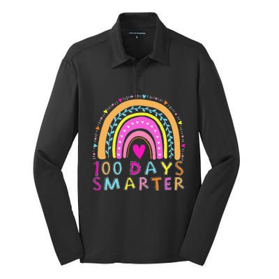 Happy 100th Day Of School Teacher 100 Days Smarter Rainbow Silk Touch Performance Long Sleeve Polo