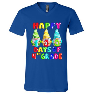 Happy 100th Day Of School Fourth 4th Grade Gnome Teacher Gift V-Neck T-Shirt