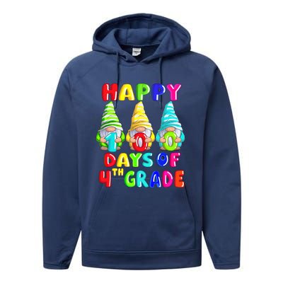 Happy 100th Day Of School Fourth 4th Grade Gnome Teacher Gift Performance Fleece Hoodie