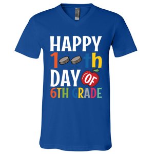 Happy 100Th Day Of 6Th Grade Hockey School Teacher Student Gift V-Neck T-Shirt