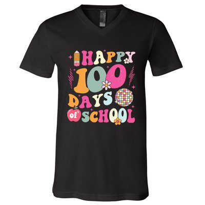 Happy 100 Days Of School Retro Disco 100th Day Of School V-Neck T-Shirt