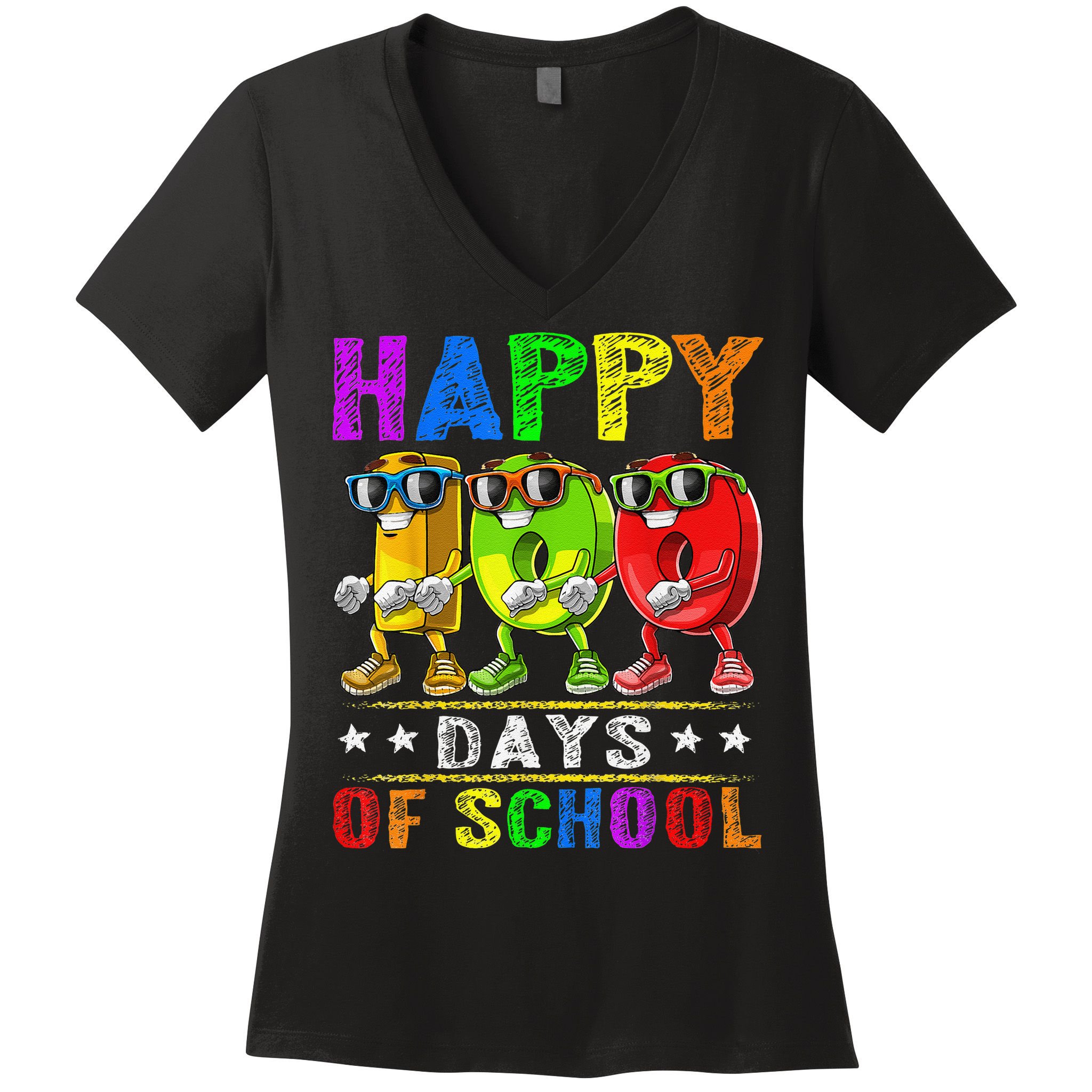 Happy 100 Days of School Flossing 100th Day School Women's V-Neck T-Shirt