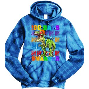 Happy 100th Day Of School Meaningful Gift Dino Trex 100 Days Smarter Great Gift Tie Dye Hoodie