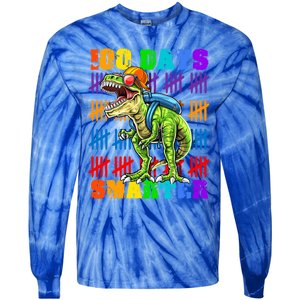 Happy 100th Day Of School Meaningful Gift Dino Trex 100 Days Smarter Great Gift Tie-Dye Long Sleeve Shirt