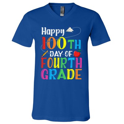 Happy 100Th Day Of School 4Th Grade 100 Days Of Fourth Grade Gift V-Neck T-Shirt