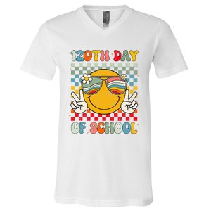 Happy 120th Day Of School Groovy 120 Days Of School Teacher V-Neck T-Shirt