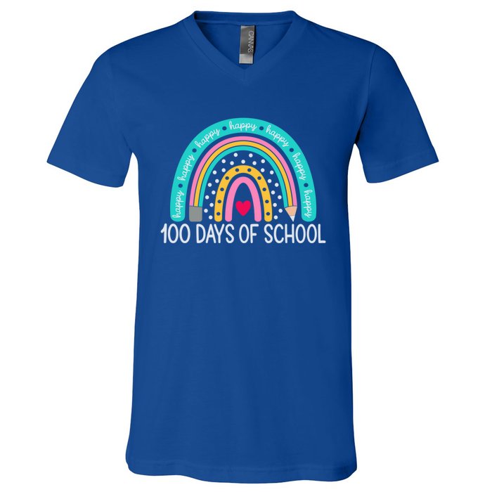 Happy 100th Day Of School Teacher 100 Days Rainbow Gift V-Neck T-Shirt