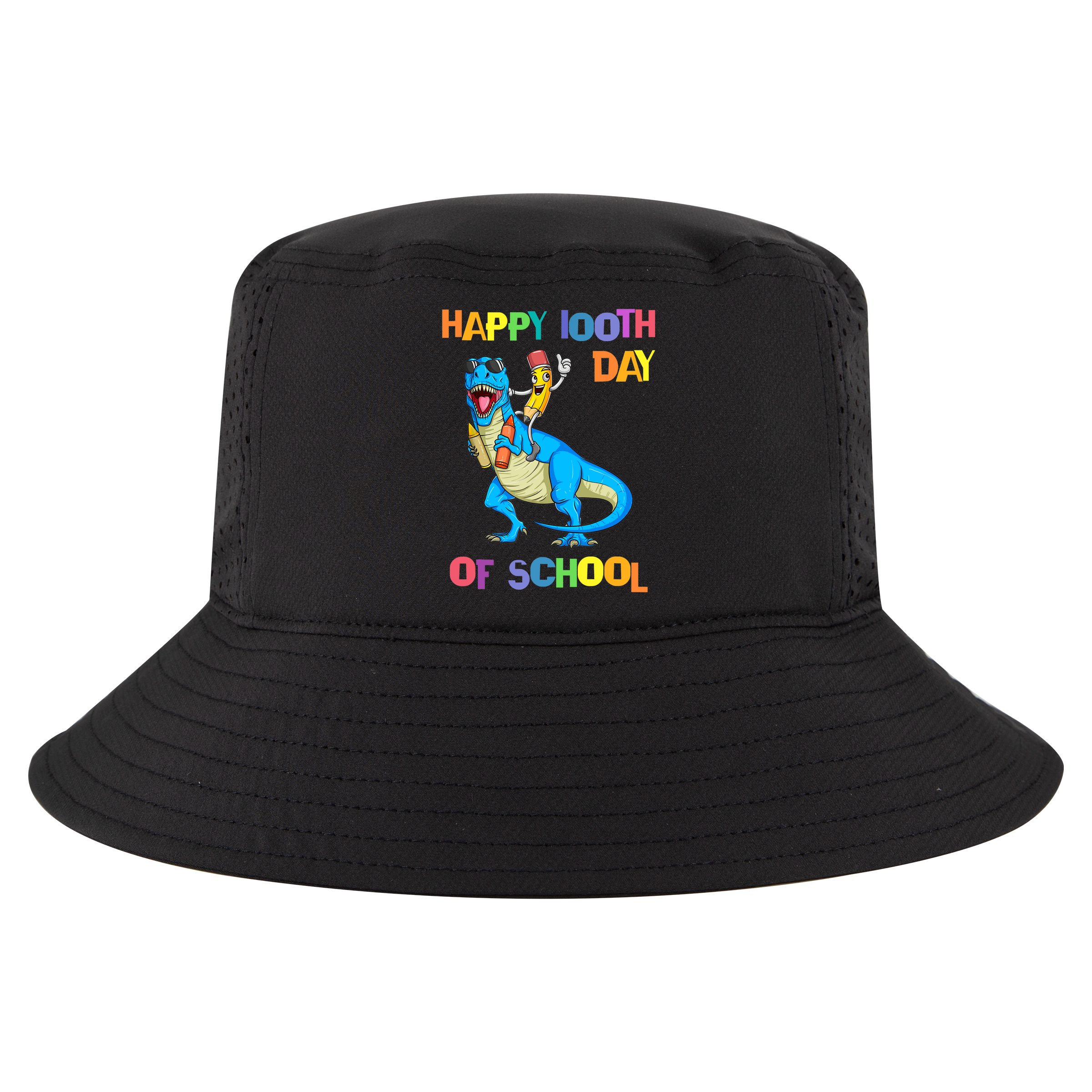 Happy 100th Day Of School Pencil Riding Dinosaur T Rex Funny Cool Comfort Performance Bucket Hat