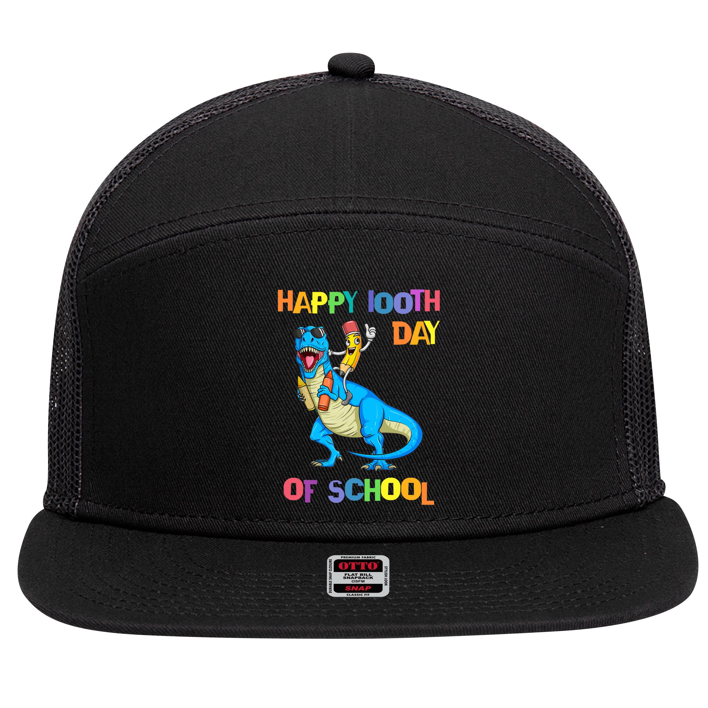 Happy 100th Day Of School Pencil Riding Dinosaur T Rex Funny 7 Panel Mesh Trucker Snapback Hat