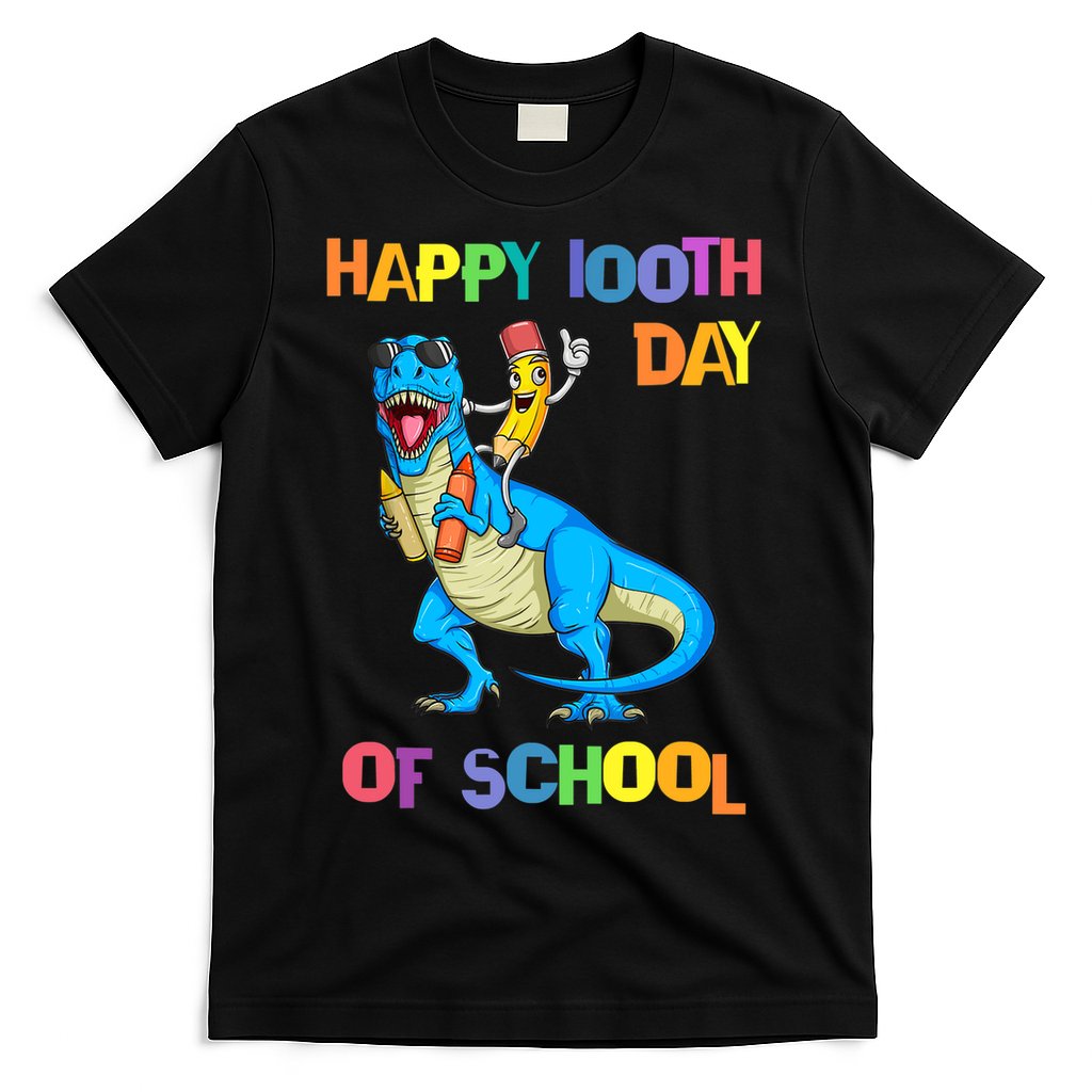 Happy 100th Day Of School Pencil Riding Dinosaur T Rex Funny T-Shirt