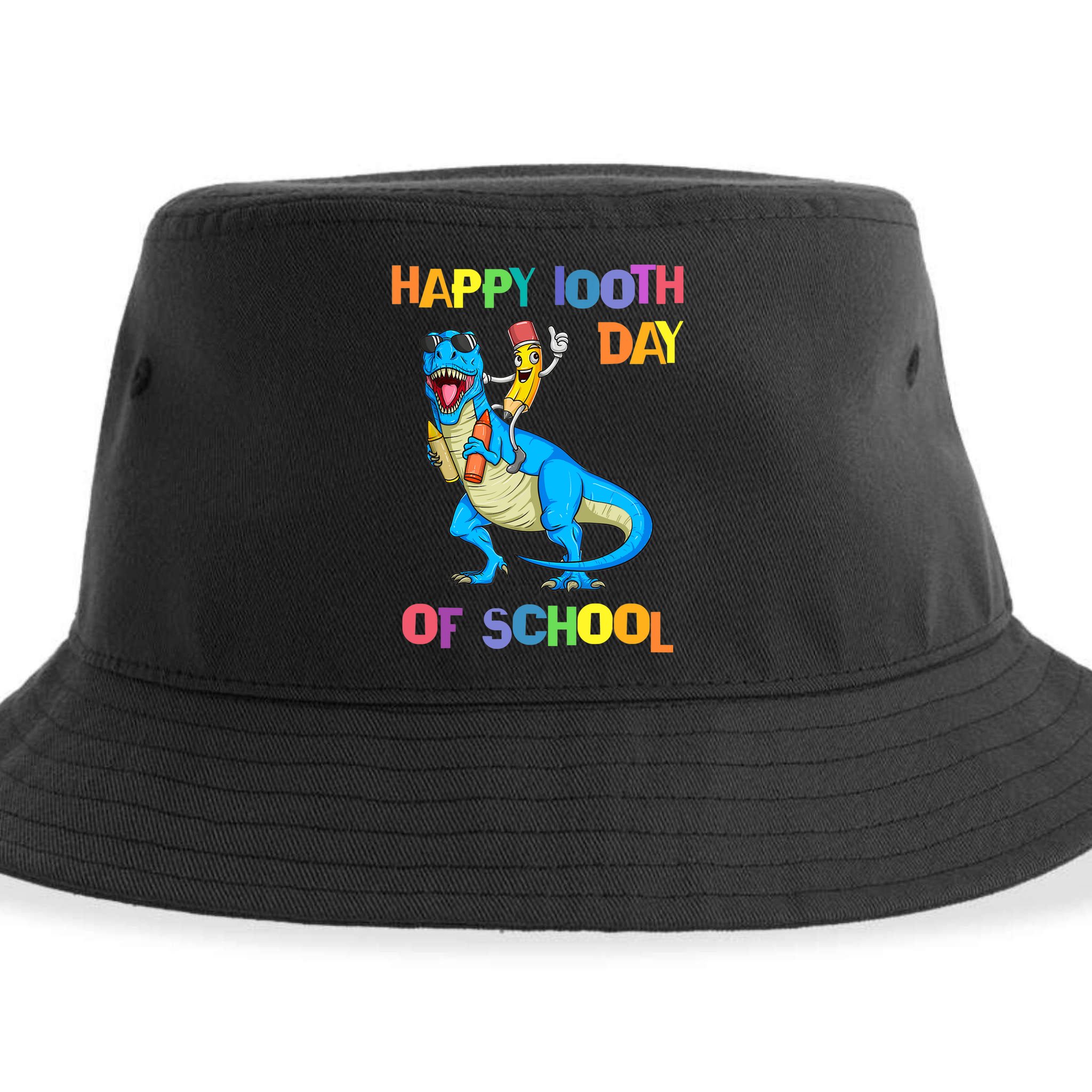 Happy 100th Day Of School Pencil Riding Dinosaur T Rex Funny Sustainable Bucket Hat
