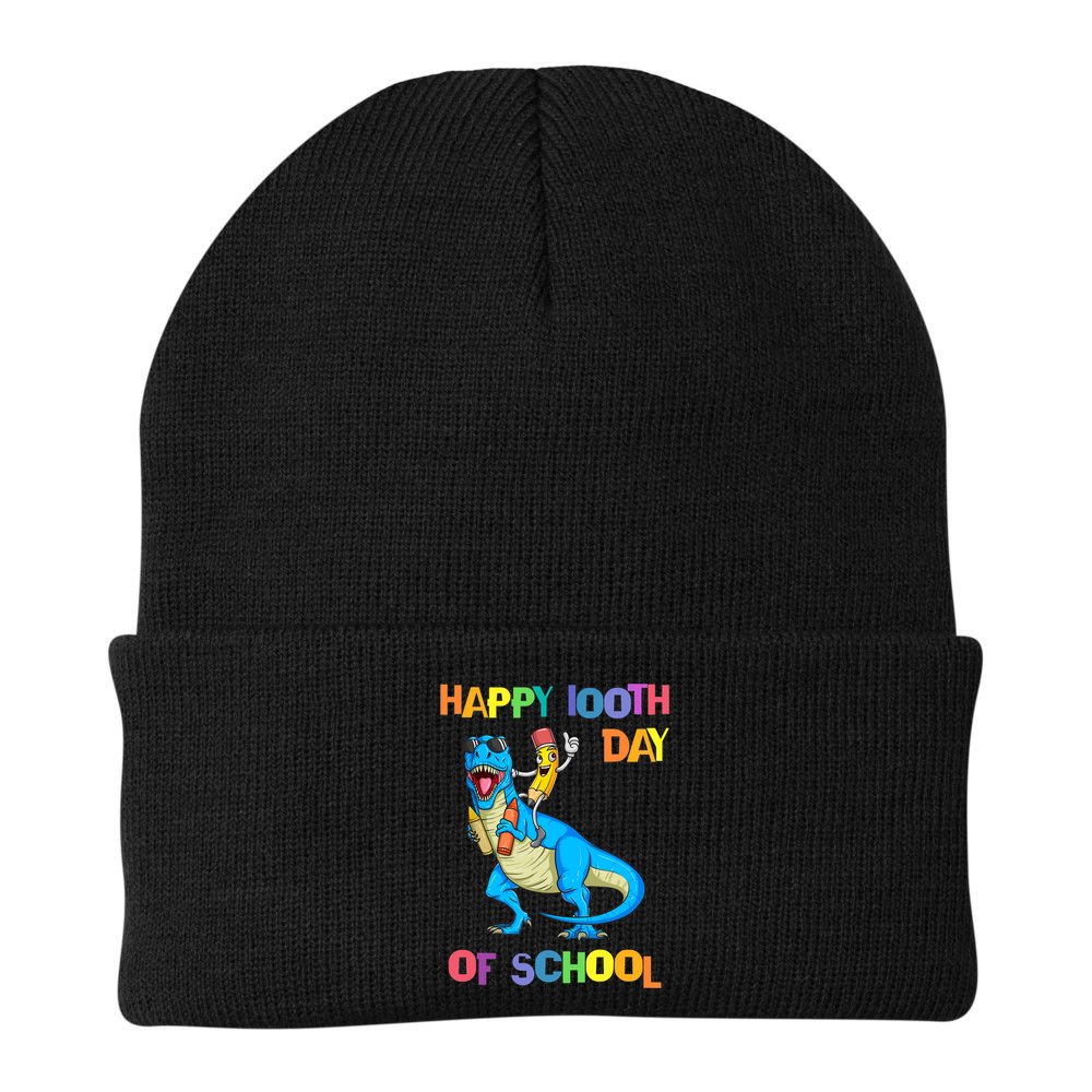 Happy 100th Day Of School Pencil Riding Dinosaur T Rex Funny Beanie