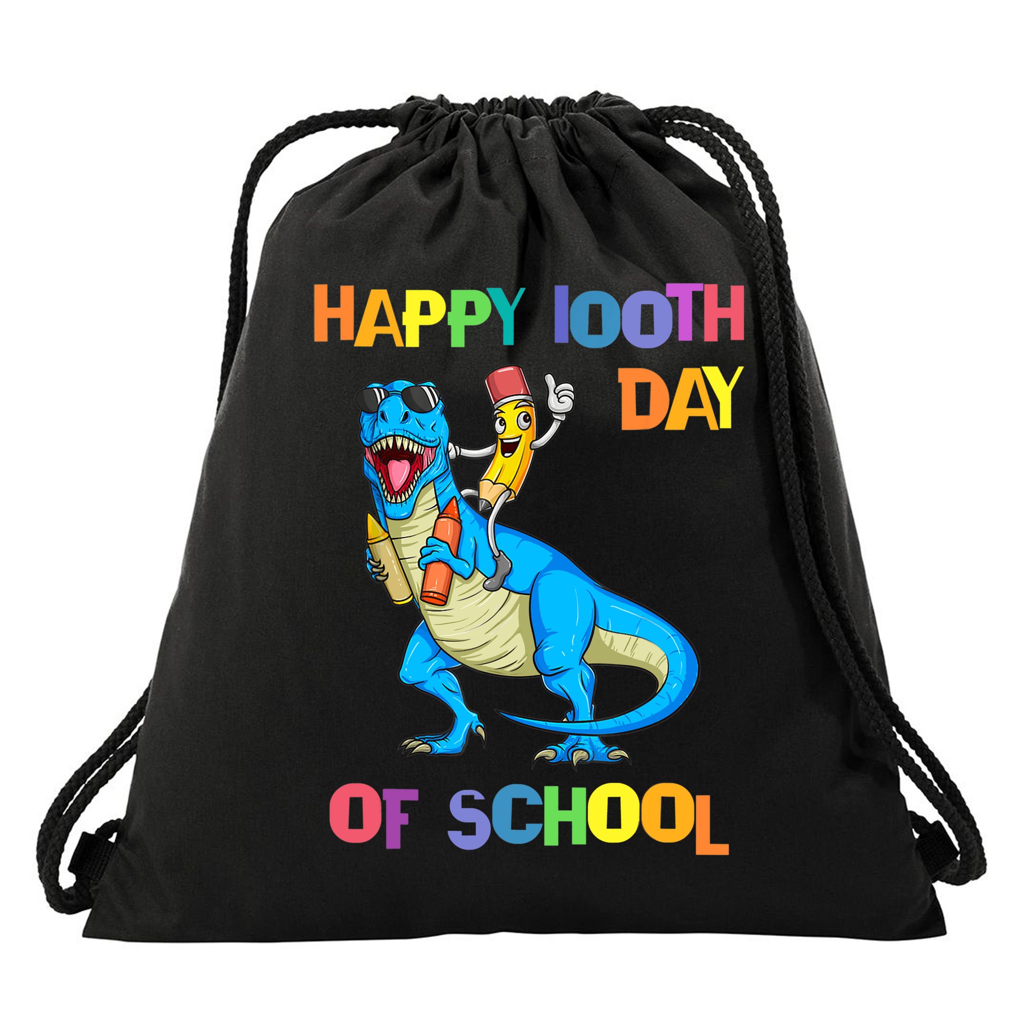 Happy 100th Day Of School Pencil Riding Dinosaur T Rex Funny Drawstring Bag