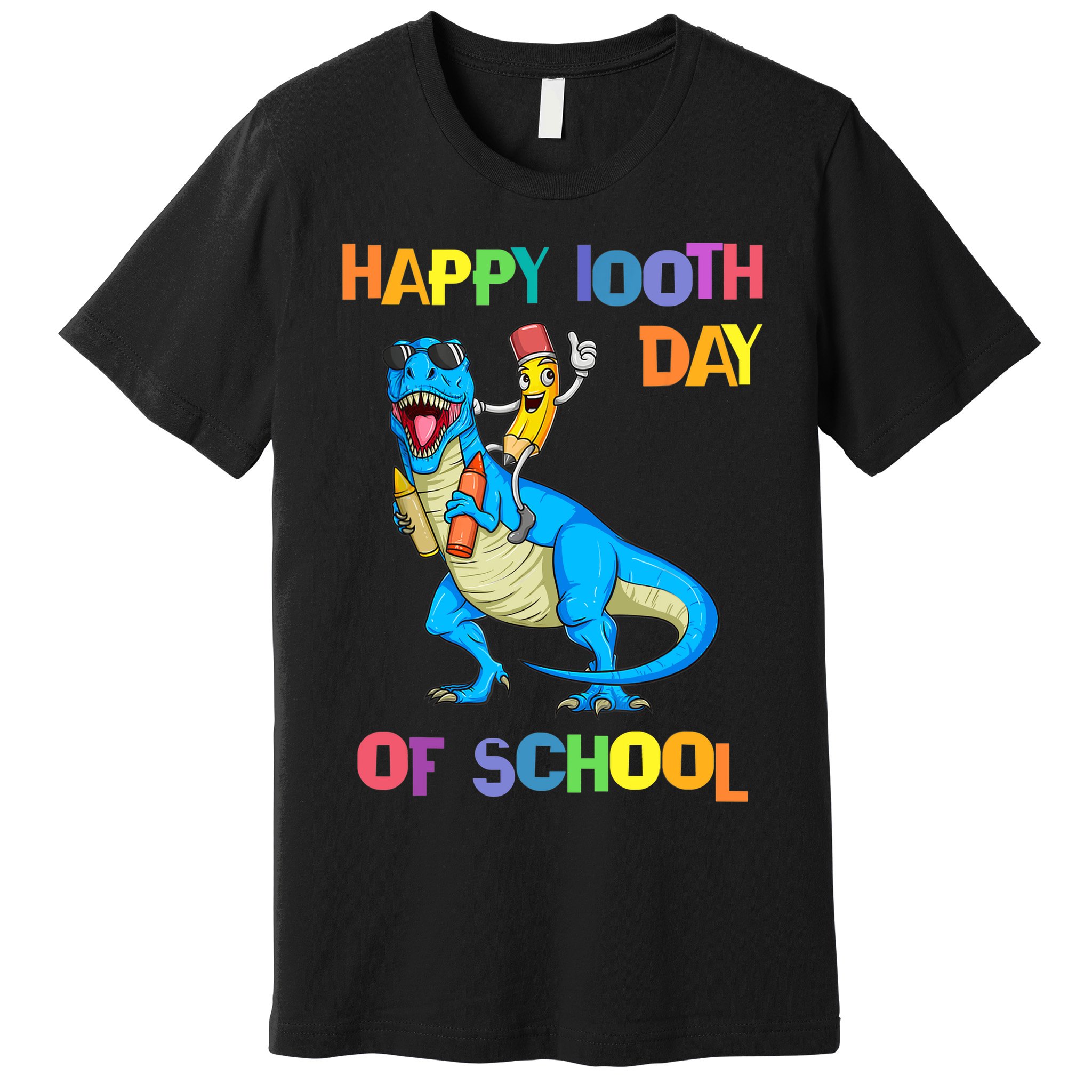 Happy 100th Day Of School Pencil Riding Dinosaur T Rex Funny Premium T-Shirt